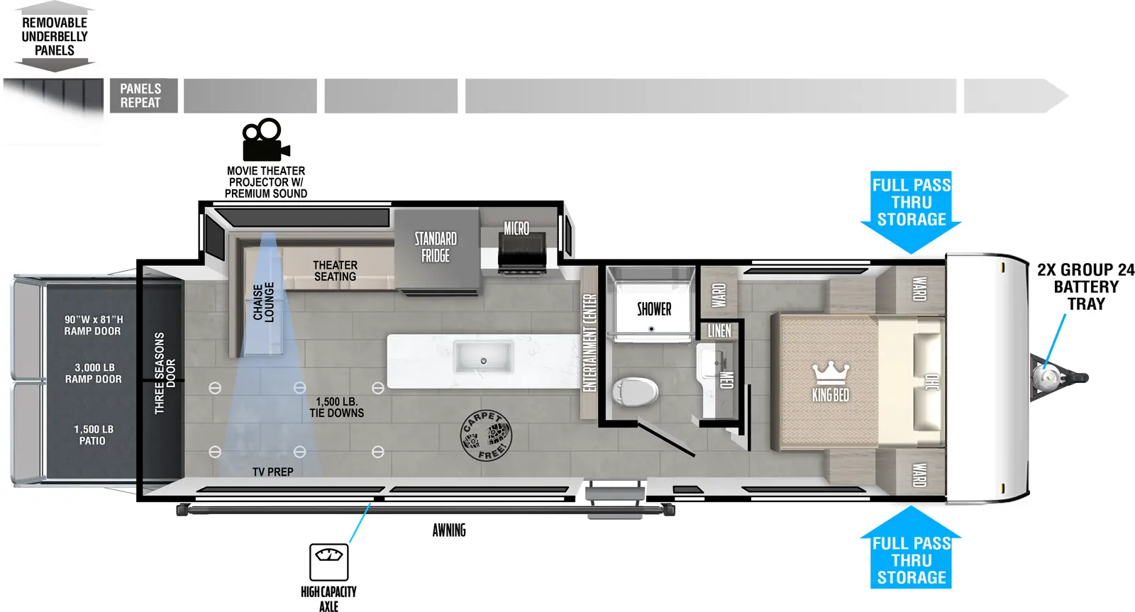 The Salem FSX 28VC is a toy hauler that has one entry and one slide out. Exterior features include: metal or fiberglass exterior. Interiors features include: front bedroom.